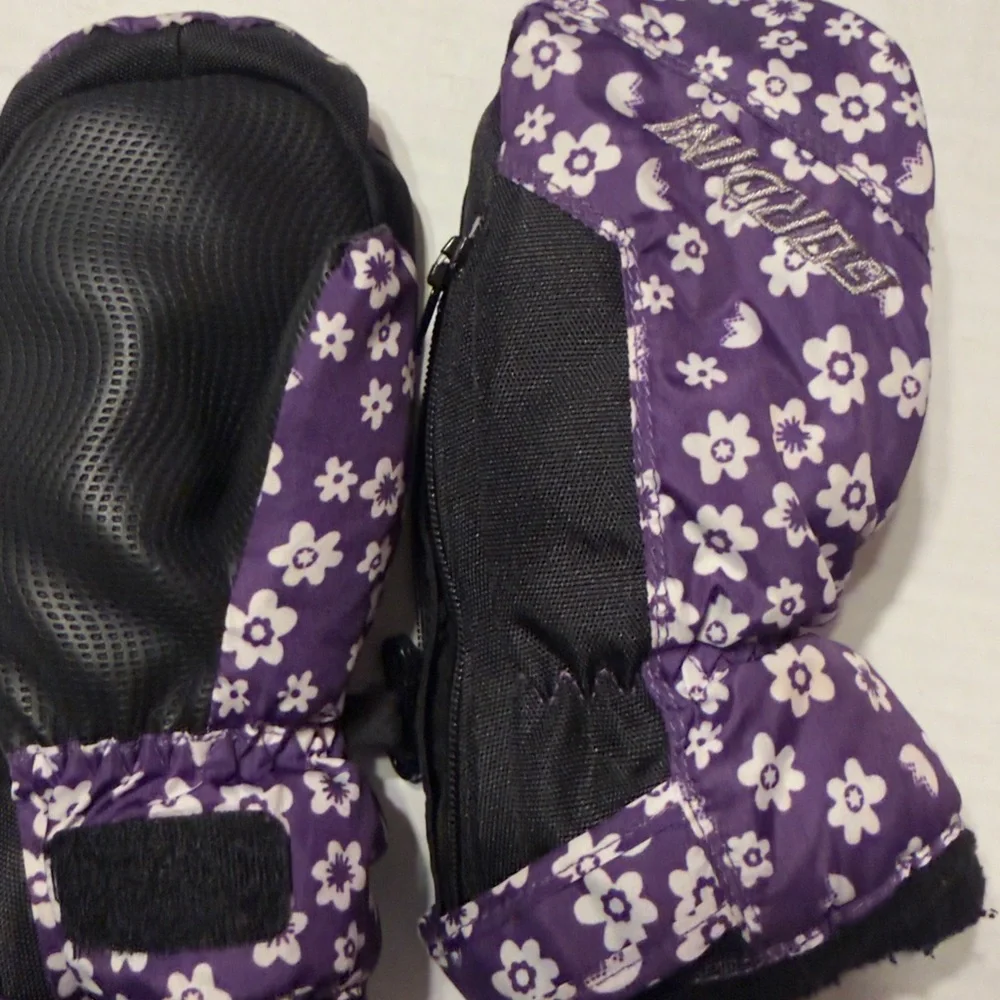 Purple Floral Kids waterproof Mittens with zipper and velcro size small